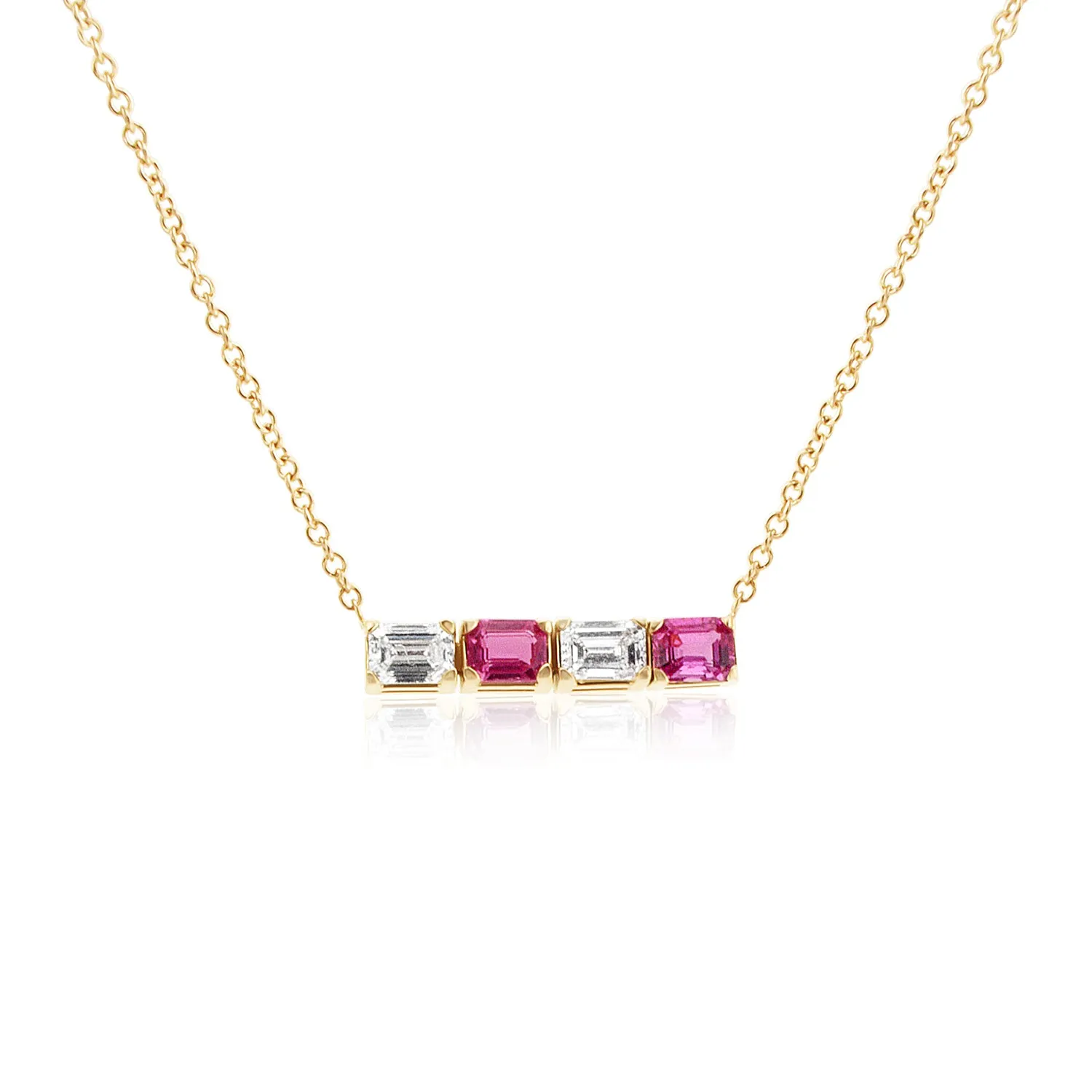 1.05 Carat Lab Emerald Cut and 1.18 Emerald Cut Lab Pink Sapphire Necklace in 14K Rose Gold