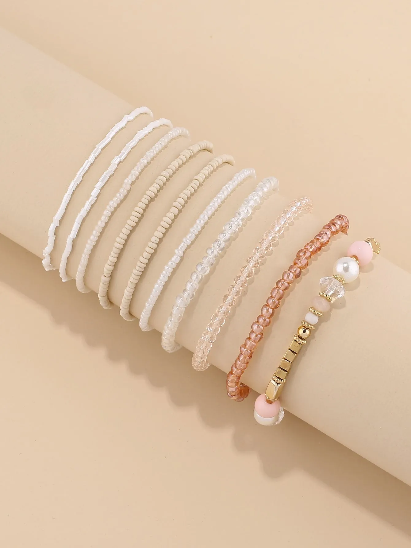 10pcs Simple White Beige Beaded Bracelet for Women Crafted Jewelry Stackable