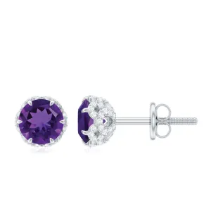 1.25 CT Claw Set Amethyst Solitaire and Diamond Stud Earrings