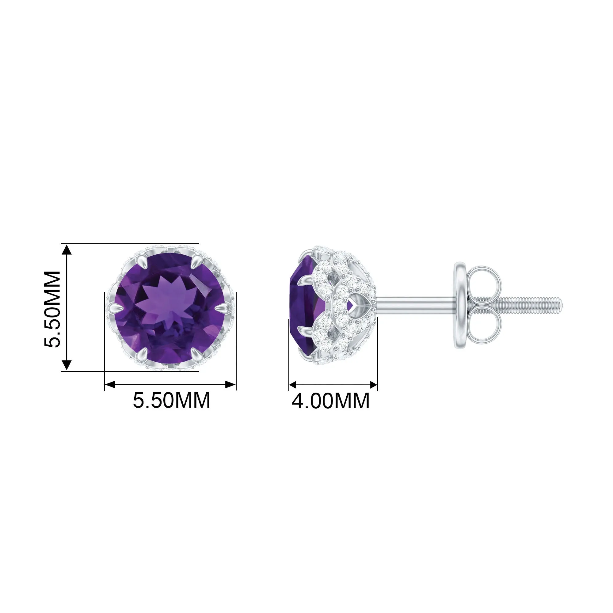 1.25 CT Claw Set Amethyst Solitaire and Diamond Stud Earrings