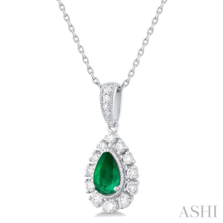 1/4 ctw Pear Cut 6X4MM Emerald and Round Cut Diamond Precious Pendant With Chain in 14K White Gold