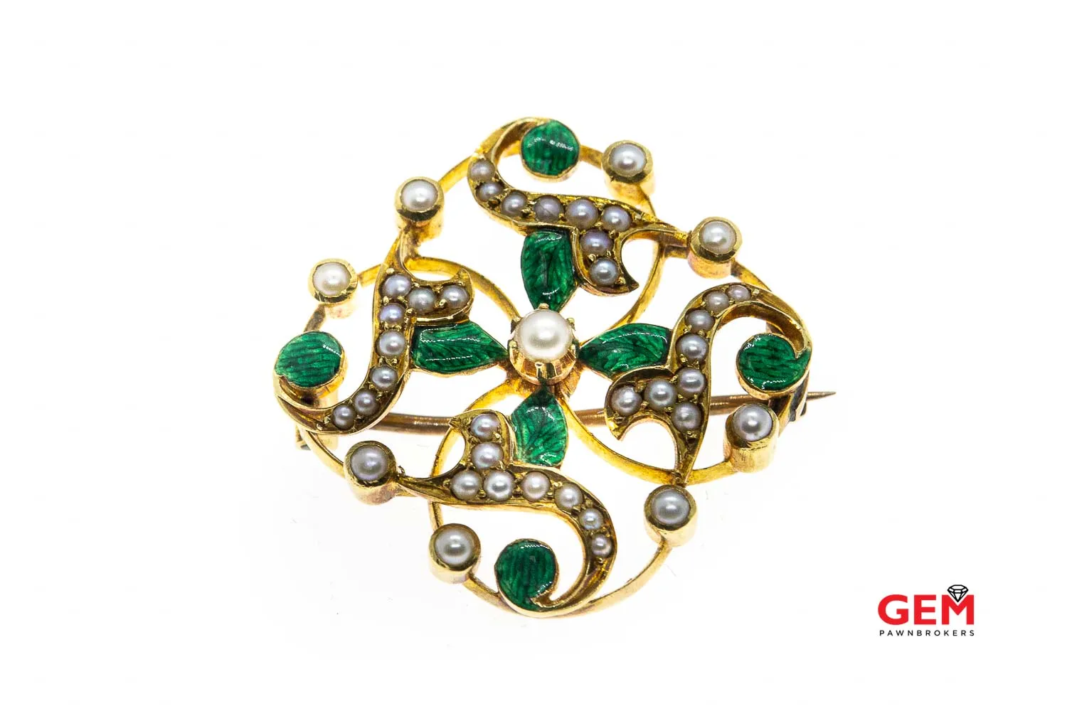 14 KT Yellow Gold Green Enamel Pearl Pin Brooch