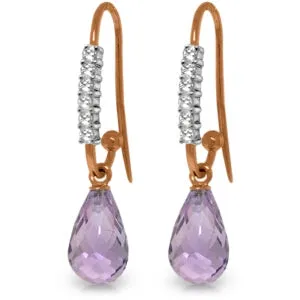 14K Solid Rose Gold Fish Hook Diamond & Amethyst Earrings Jewelry