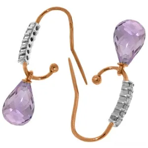 14K Solid Rose Gold Fish Hook Diamond & Amethyst Earrings Jewelry