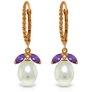 14K Solid Rose Gold Leverback Earrings w/ Amethyst & Pearls