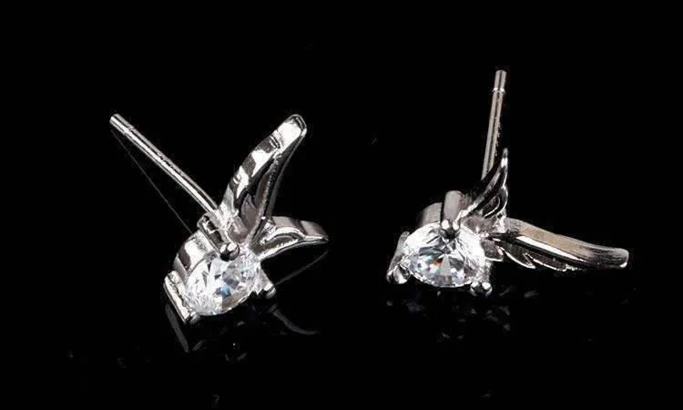 14K White Gold Plated Tiny Wings Austrian Crystal Stud Earrings For Woman