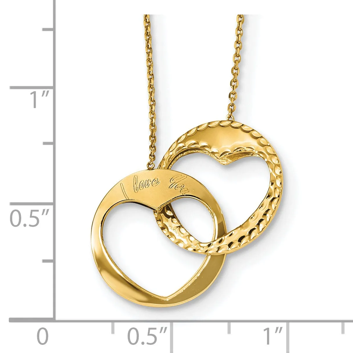 14k Yellow Gold Polished Finish Double Interlocking Heart Design I Love You in a 17-Inch Cable Chain Necklace Set