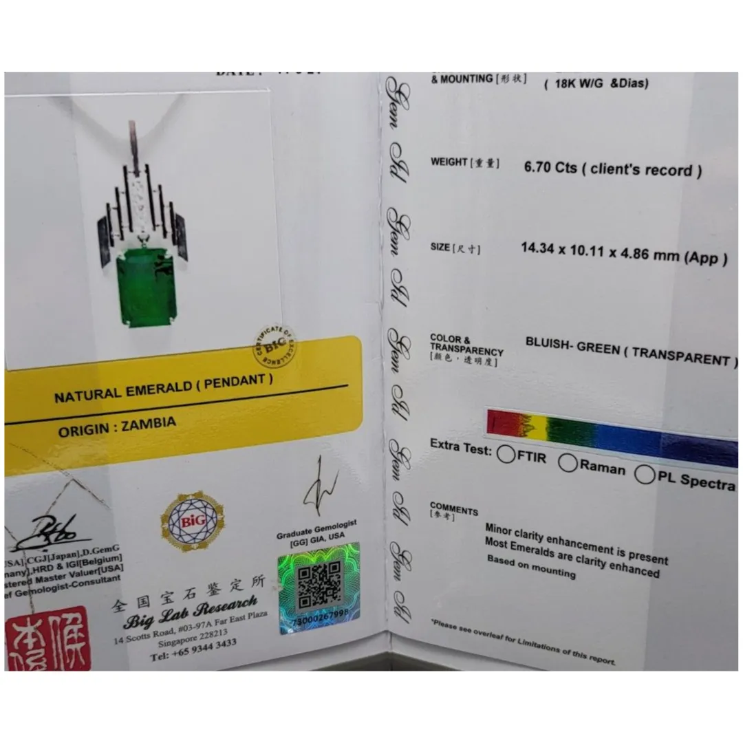 14KWG Emerald(Zambian) & Diamond Pendant With Cert