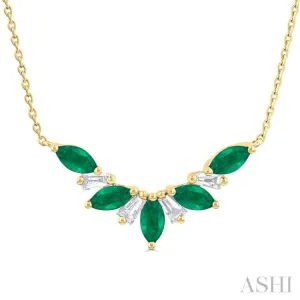 1/6 ctw Marquise Cut 5X3MM Emerald and Baguette Cut Diamond Precious Gemstone Necklace in 14K Yellow Gold