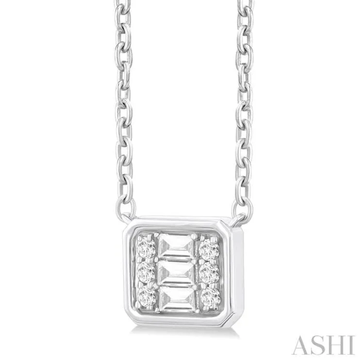 1/6 Ctw Petite Bezel Set East-West Emerald Shape Fusion Baguette and Round Cut Diamond Fashion Pendant With Chain in 10K White Gold