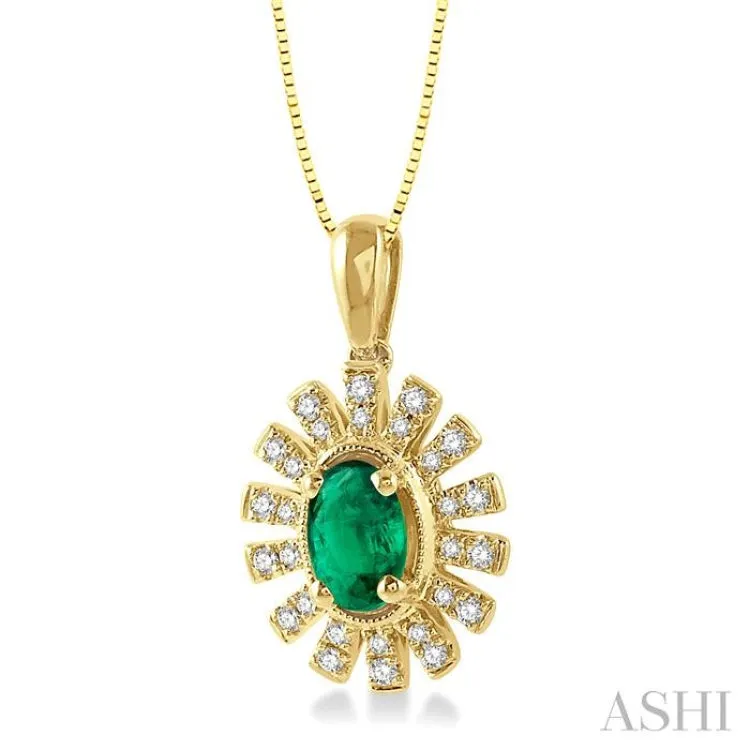 1/8 ctw Floral Pattern 6x4mm Oval Cut Emerald & Round Cut Diamond Precious Pendant With Chain in 10K Yellow Gold