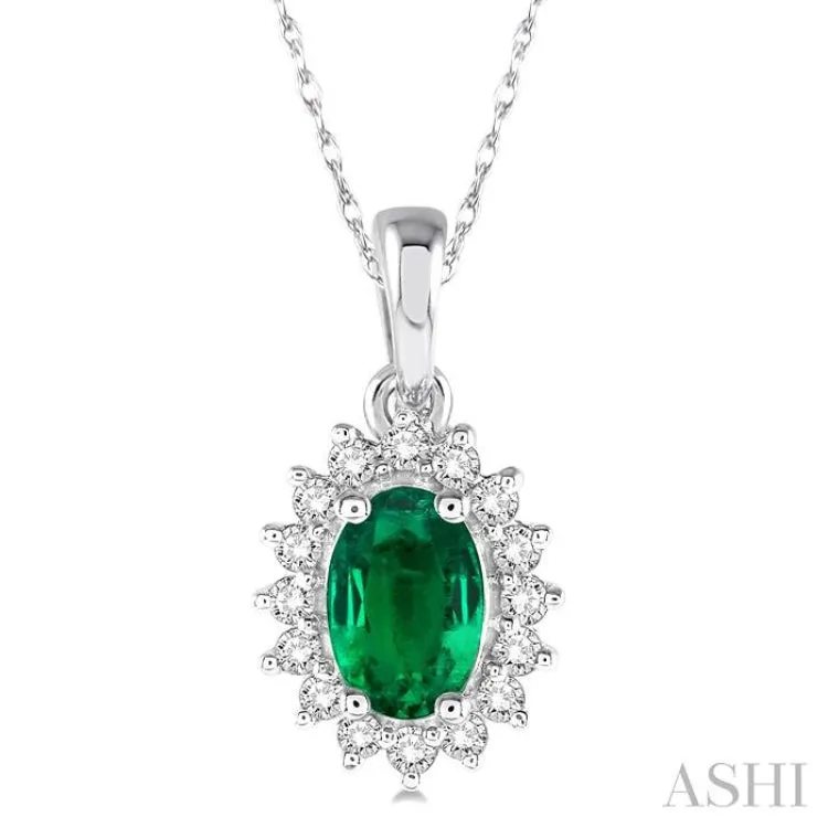 1/8 Ctw Round Cut Diamond and Oval Cut 6x4mm Emerald Center Sunflower Precious Pendant in 10K White Gold with chain