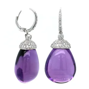 18K White Gold Cabochon Amethyst Drop Earrings