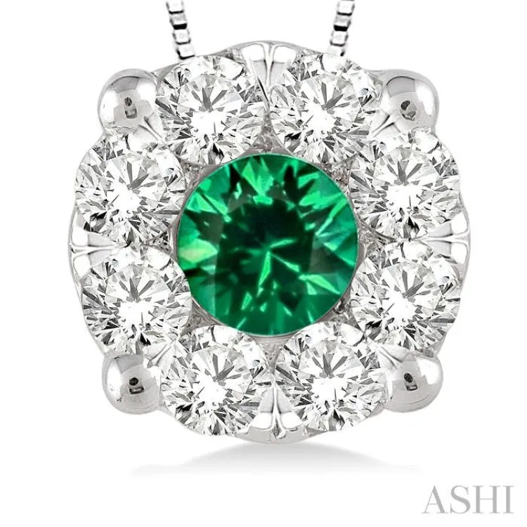 3.8 mm Round Cut Emerald and 1/3 Ctw Lovebright Pendant in 14K White Gold with Chain