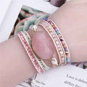 5 Layers Pink Natural Stones Rose Quartz Leather Cuff Wrap Boho Bracelets