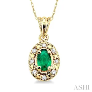 5x3mm Oval Shape Emerald and 1/20 Ctw Single Cut Diamond Pendant in 10K Yellow Gold with Chain.