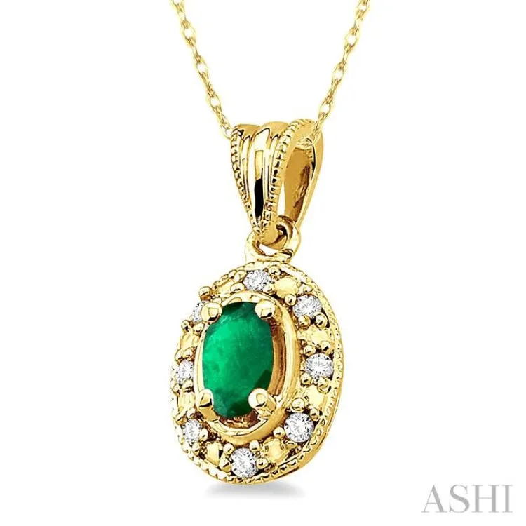 5x3mm Oval Shape Emerald and 1/20 Ctw Single Cut Diamond Pendant in 10K Yellow Gold with Chain.