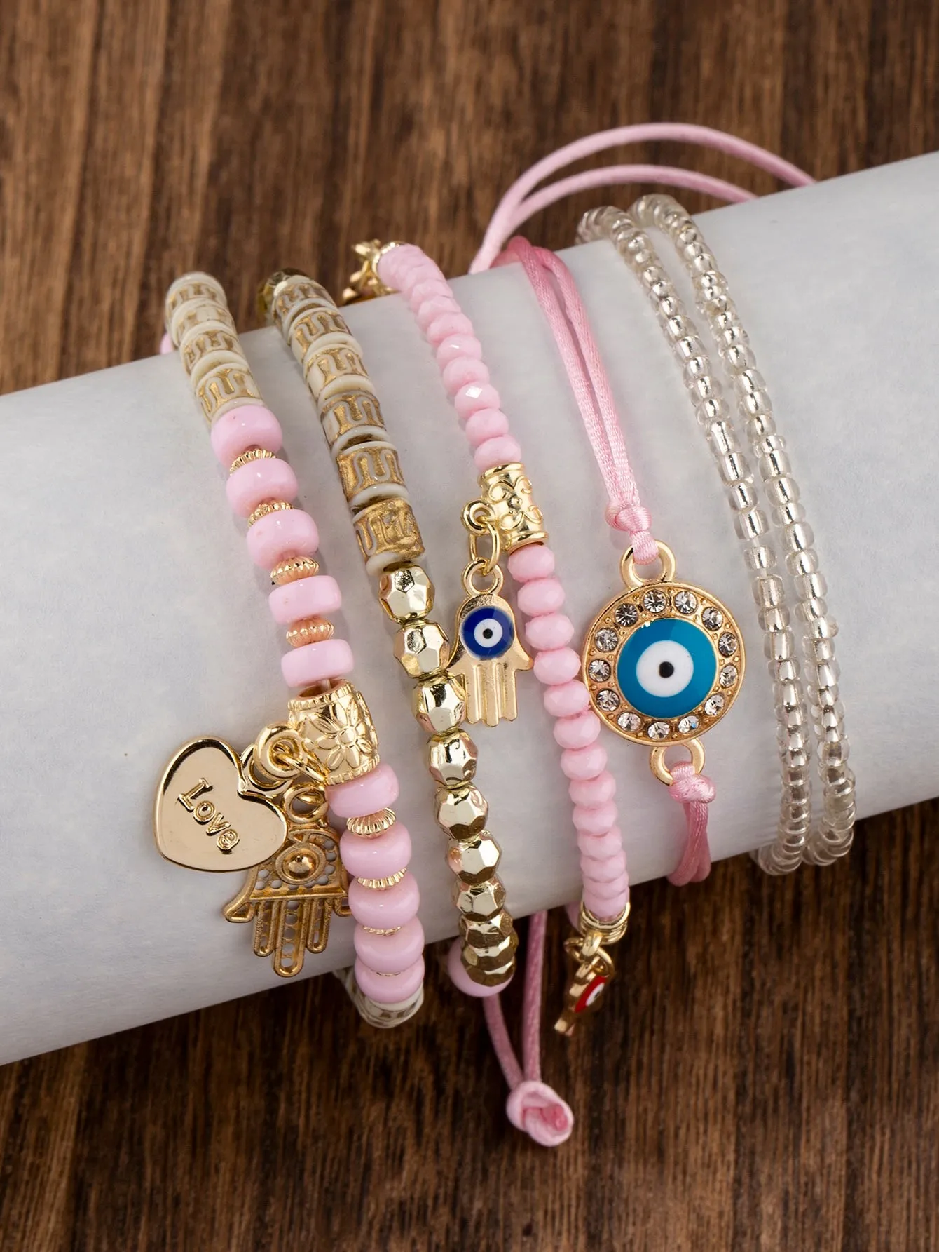 6pcs Boho Eye Detail Hamsa Hand Charm Sky Blue Bracelet For Women For Vacation