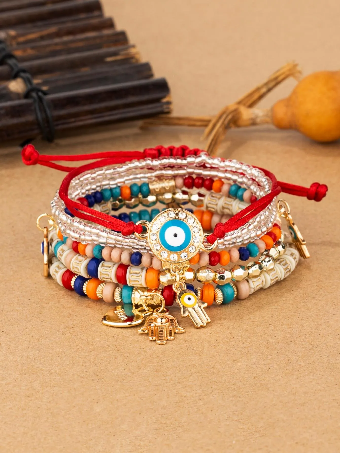 6pcs Boho Eye Detail Hamsa Hand Charm Sky Blue Bracelet For Women For Vacation