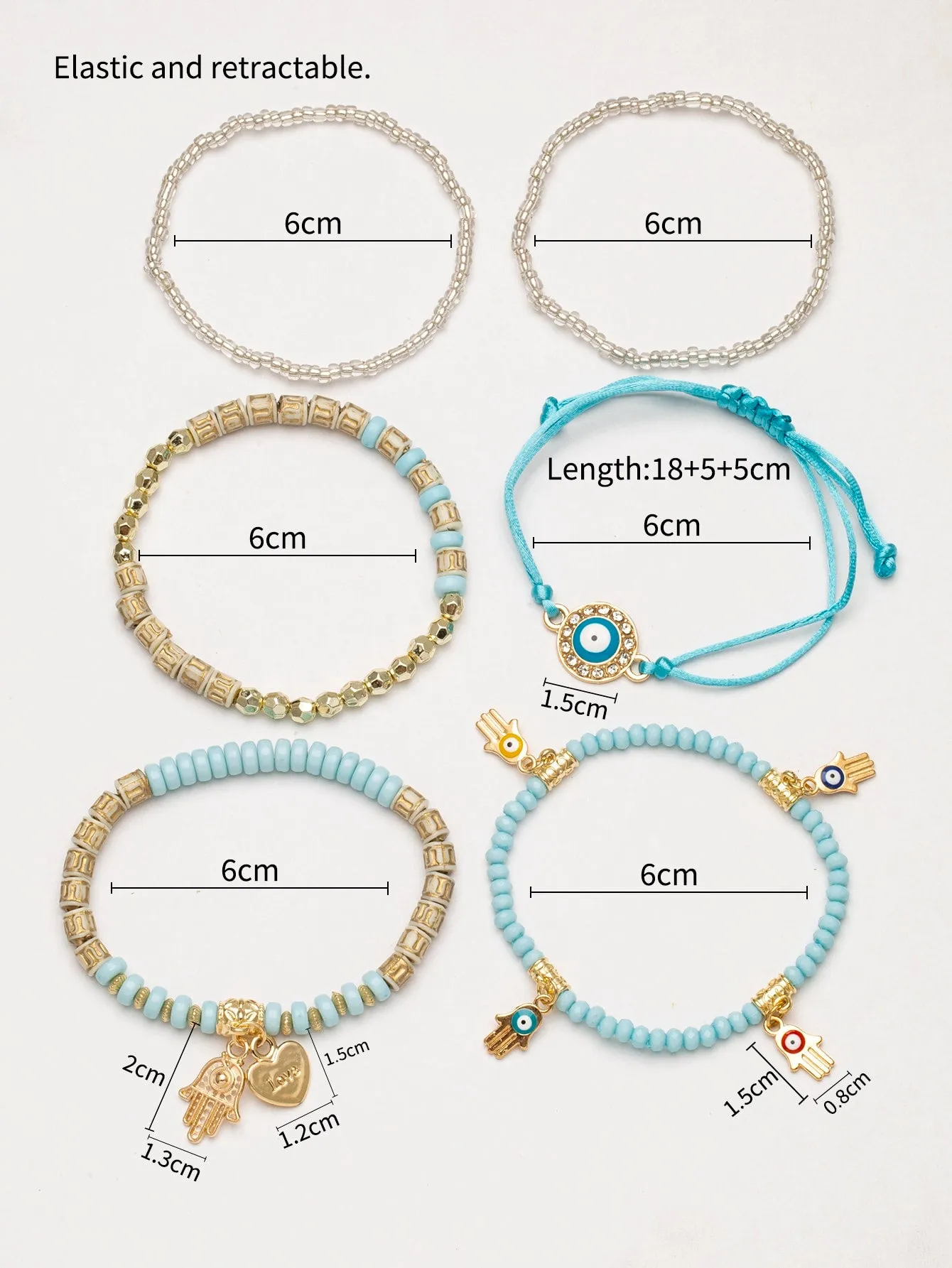 6pcs Boho Eye Detail Hamsa Hand Charm Sky Blue Bracelet For Women For Vacation