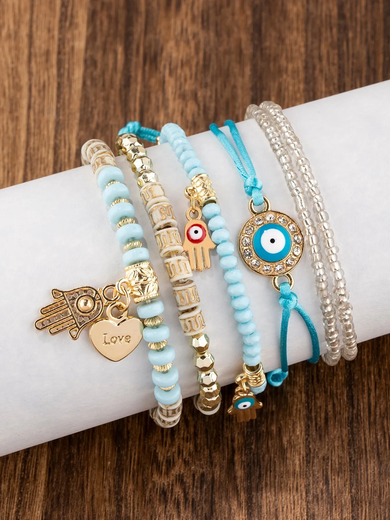 6pcs Boho Eye Detail Hamsa Hand Charm Sky Blue Bracelet For Women For Vacation