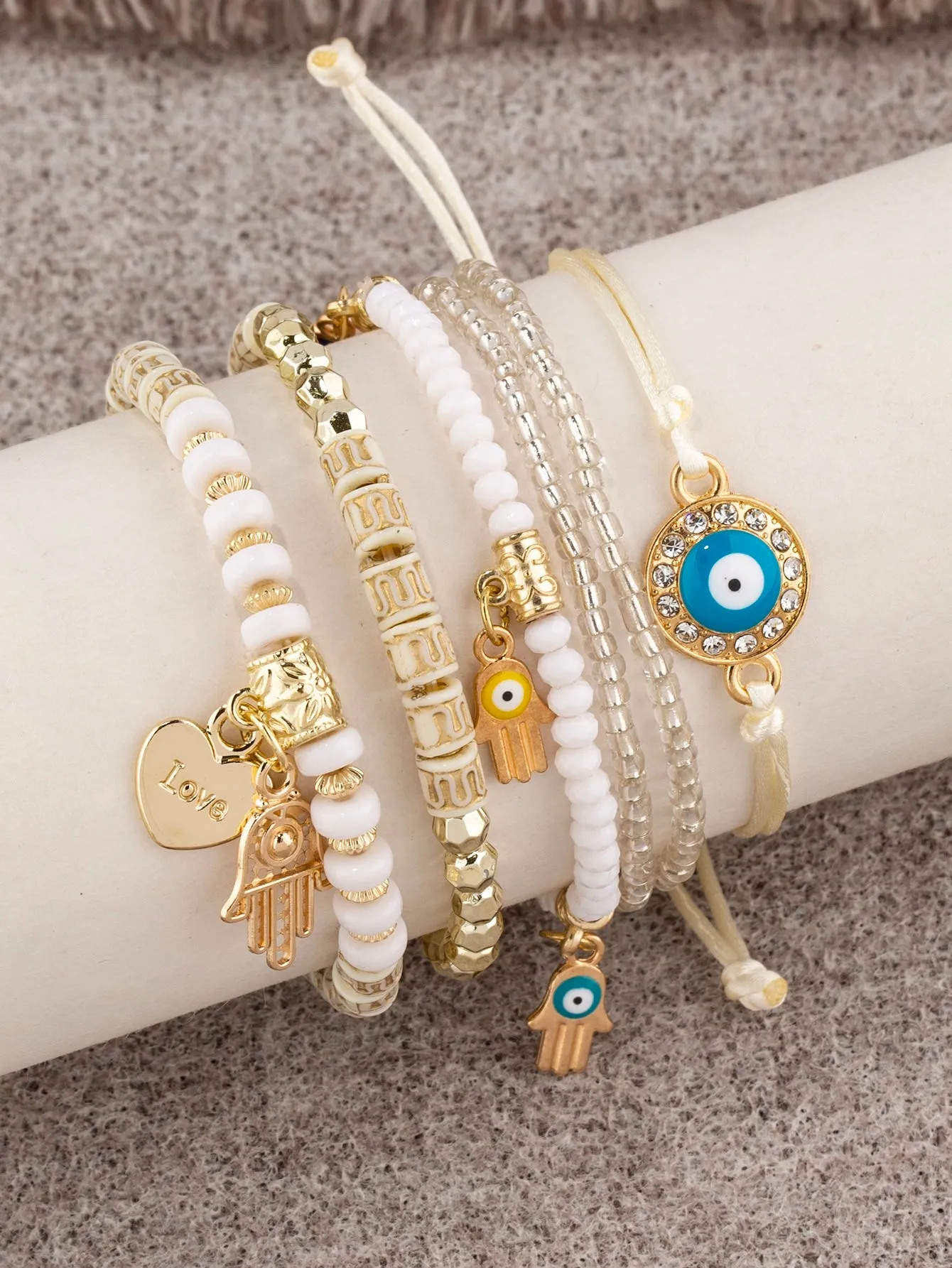 6pcs Boho Eye Detail Hamsa Hand Charm Sky Blue Bracelet For Women For Vacation