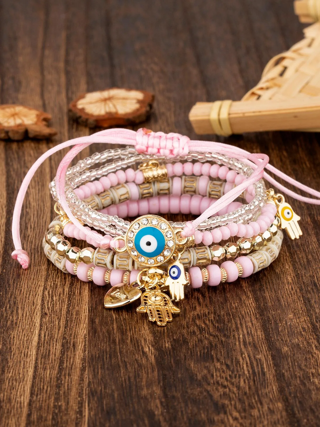 6pcs Boho Eye Detail Hamsa Hand Charm Sky Blue Bracelet For Women For Vacation