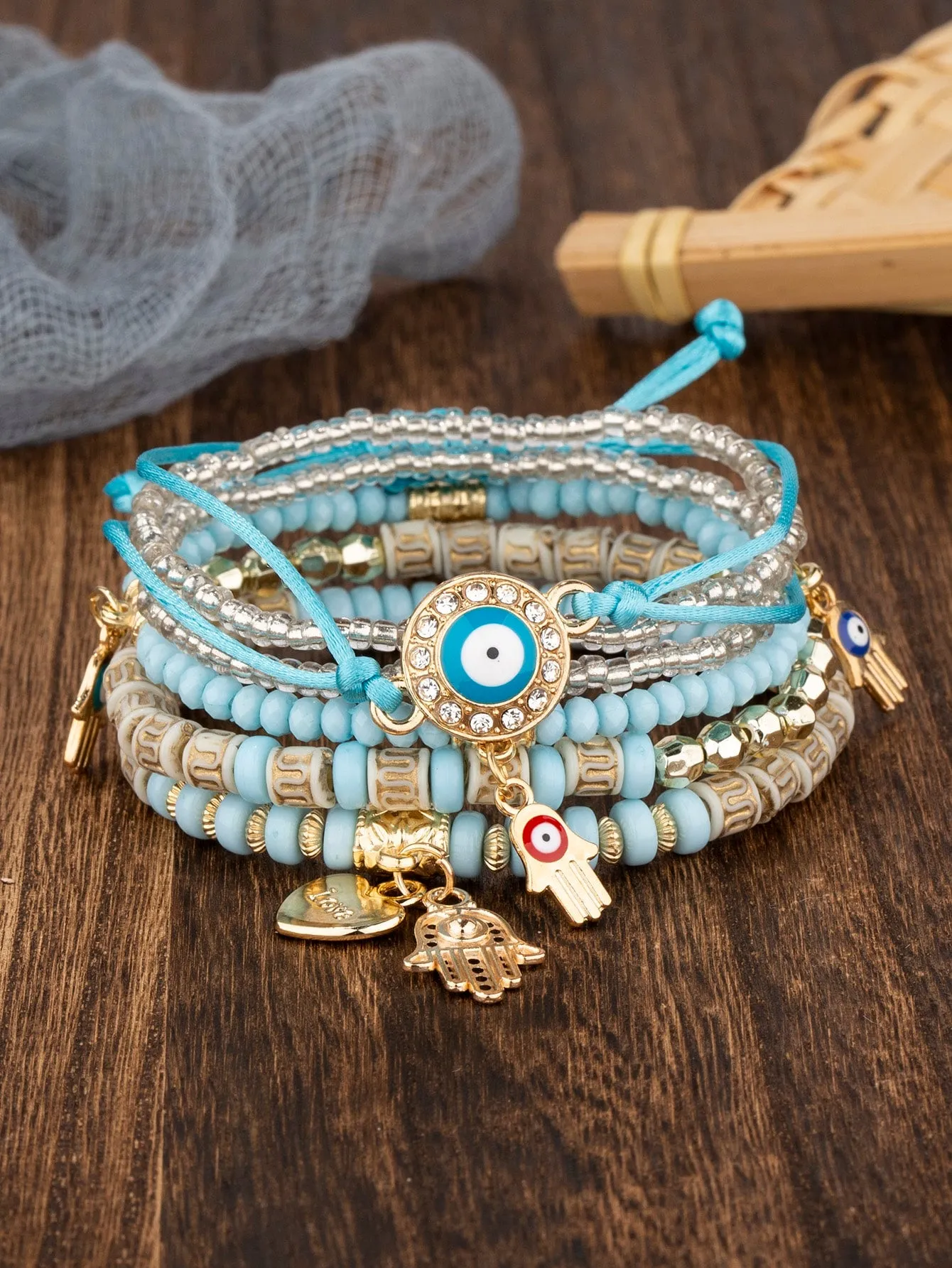 6pcs Boho Eye Detail Hamsa Hand Charm Sky Blue Bracelet For Women For Vacation