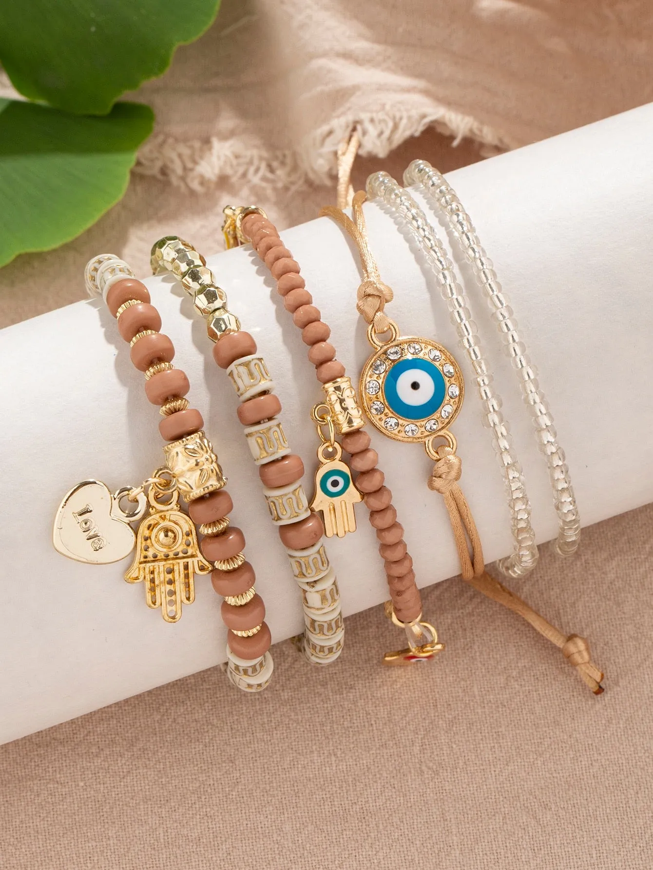 6pcs Boho Eye Detail Hamsa Hand Charm Sky Blue Bracelet For Women For Vacation