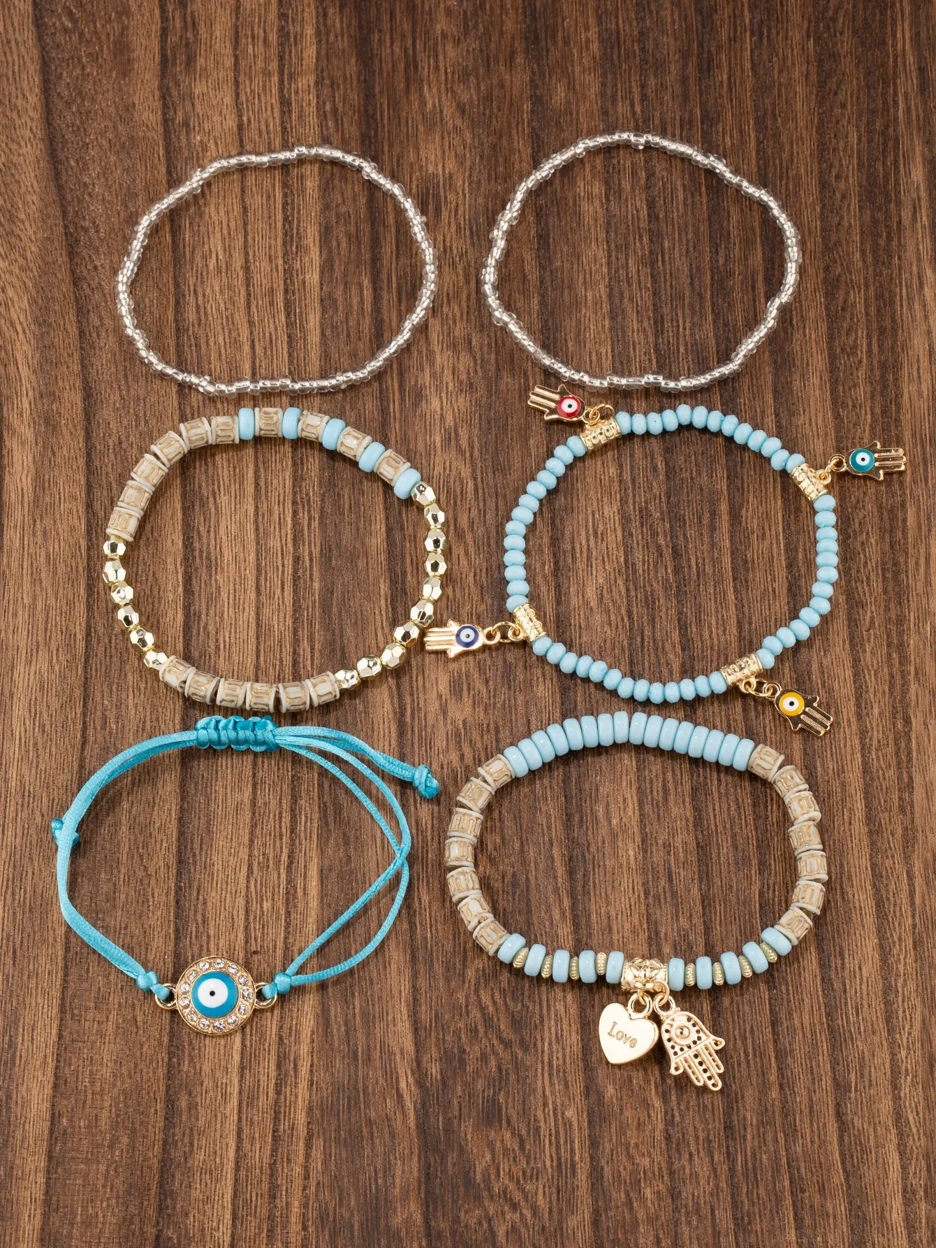 6pcs Boho Eye Detail Hamsa Hand Charm Sky Blue Bracelet For Women For Vacation