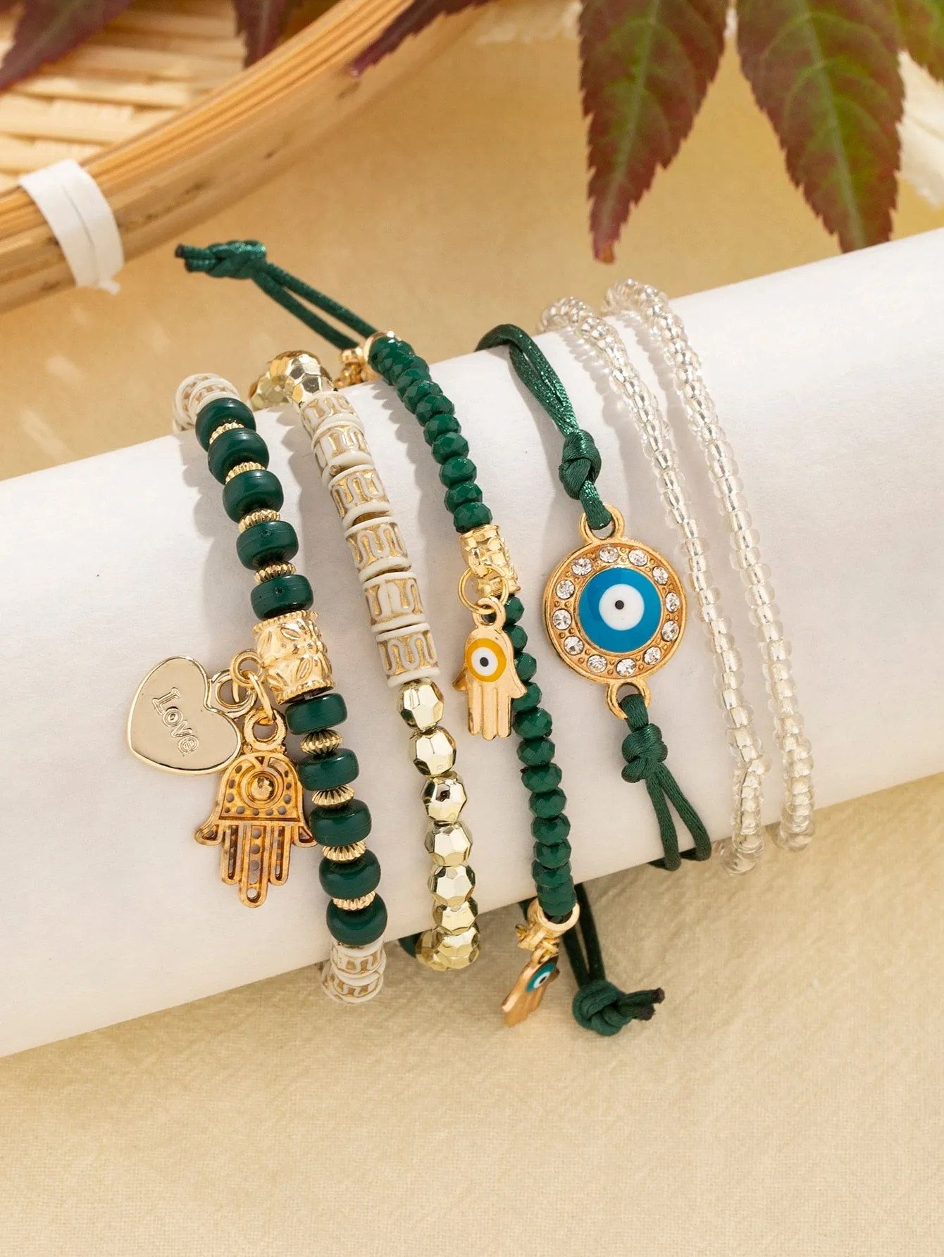 6pcs Boho Eye Detail Hamsa Hand Charm Sky Blue Bracelet For Women For Vacation