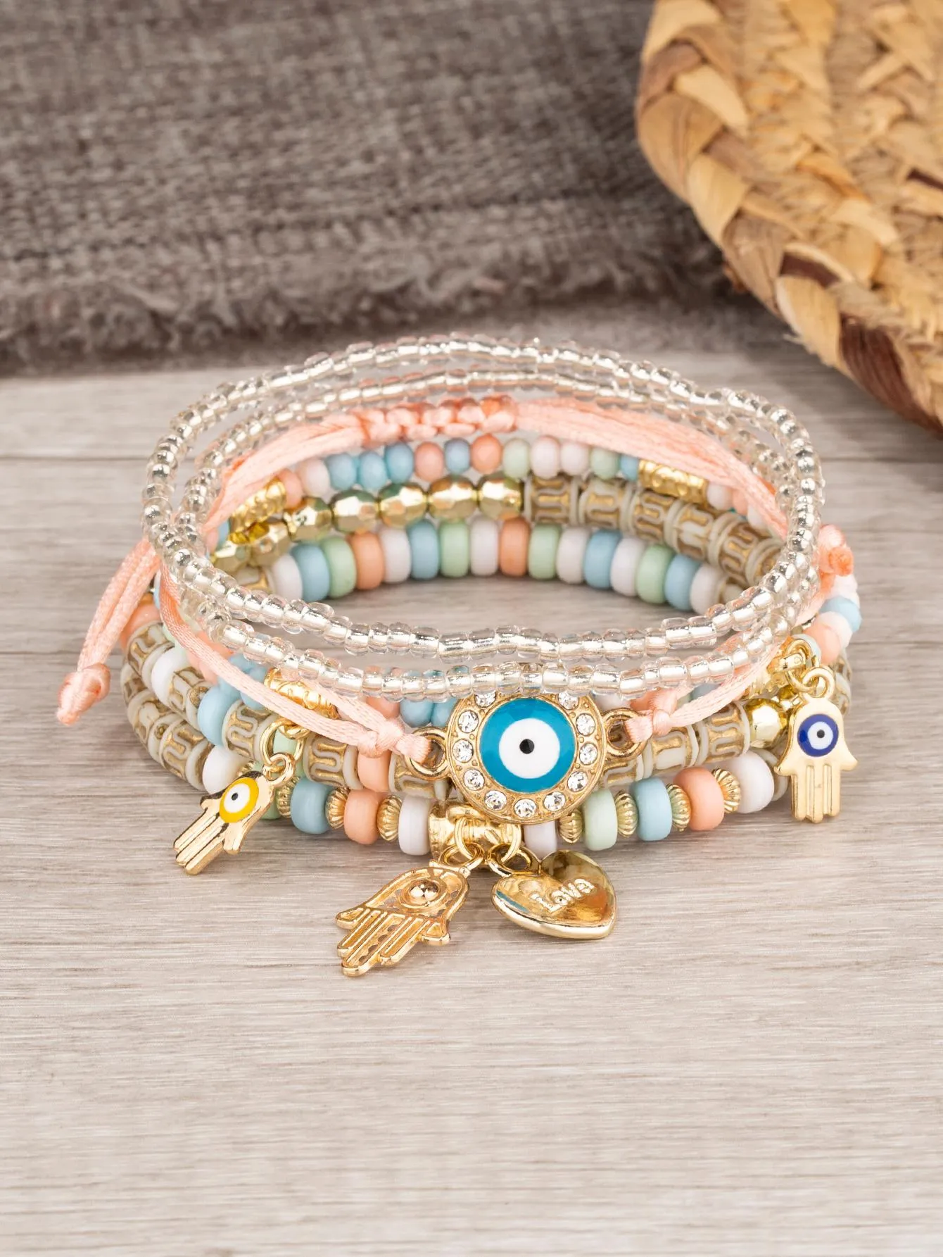 6pcs Boho Eye Detail Hamsa Hand Charm Sky Blue Bracelet For Women For Vacation