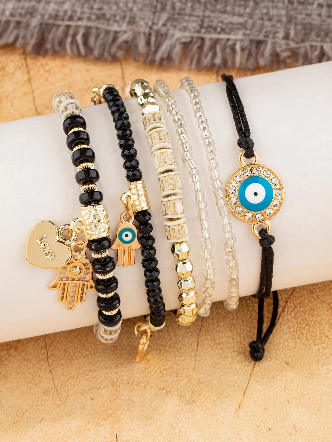 6pcs Boho Eye Detail Hamsa Hand Charm Sky Blue Bracelet For Women For Vacation