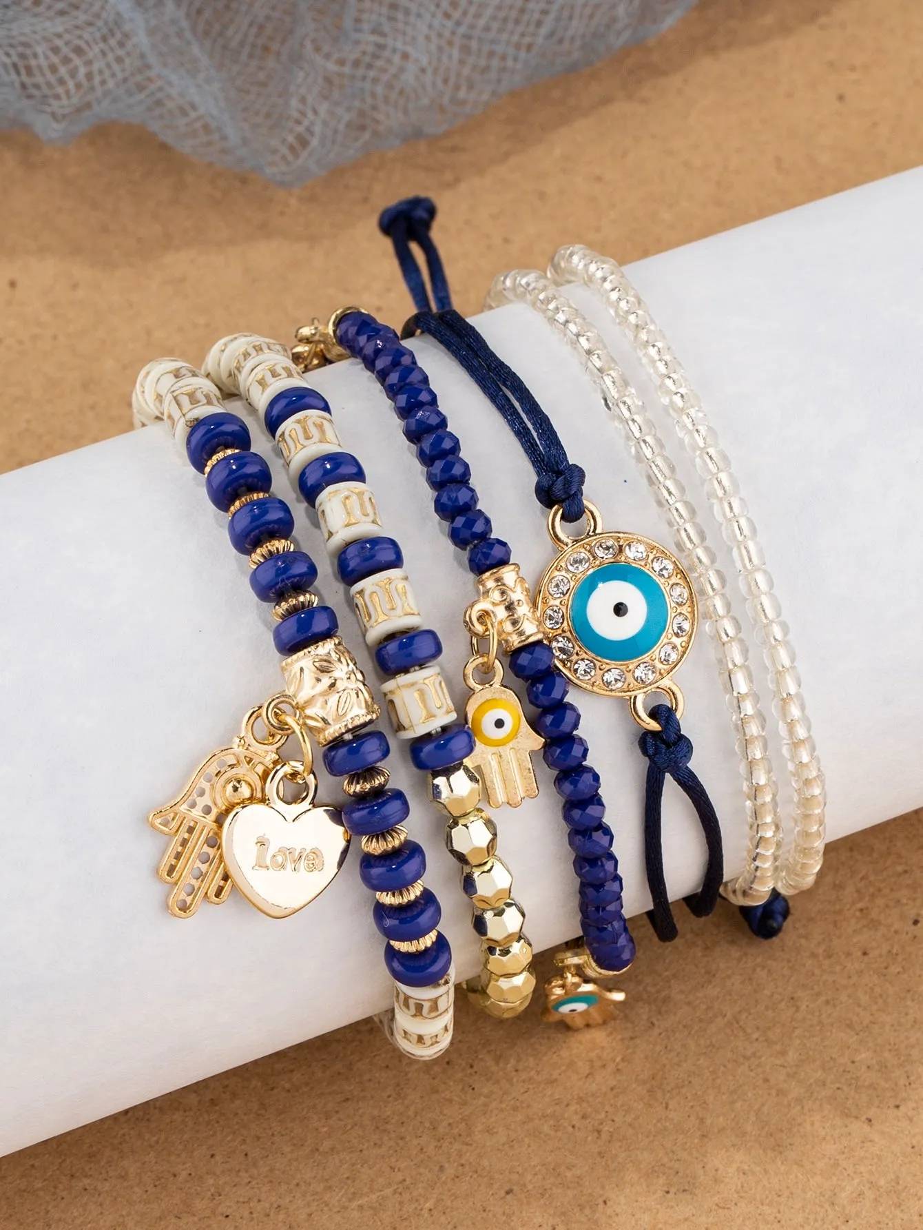 6pcs Boho Eye Detail Hamsa Hand Charm Sky Blue Bracelet For Women For Vacation