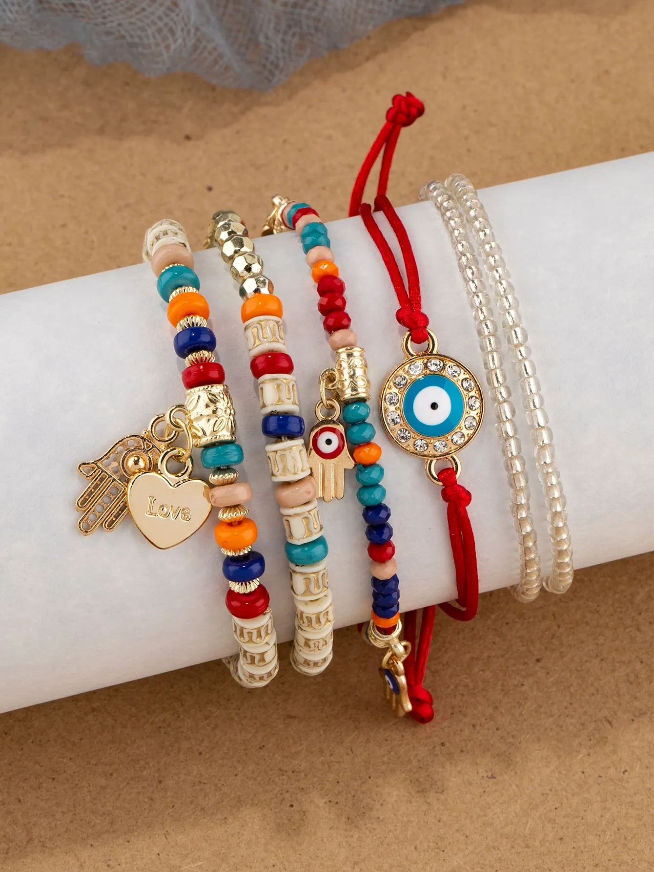 6pcs Boho Eye Detail Hamsa Hand Charm Sky Blue Bracelet For Women For Vacation