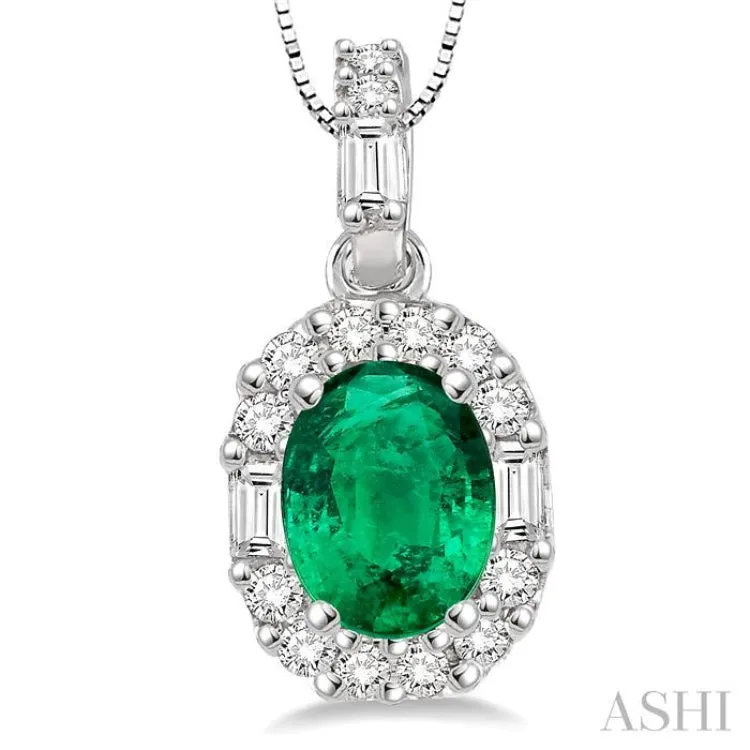 6x4 MM Oval Shape Emerald and 1/4 Ctw Diamond Pendant in 14K White Gold with Chain