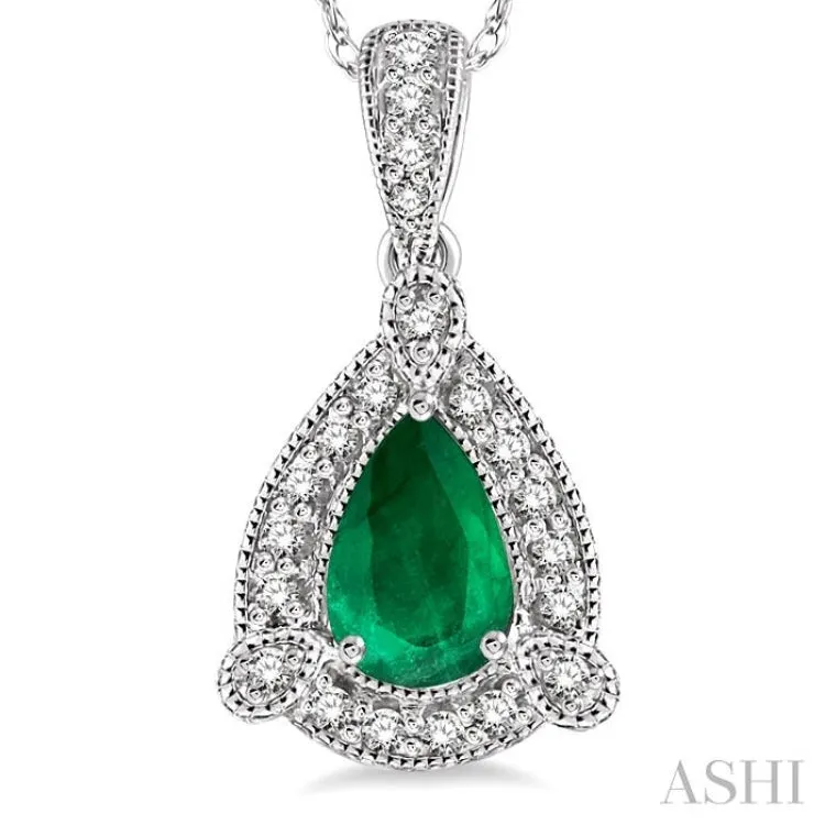 6x4 mm Pear Shape Emerald and 1/10 Ctw Round Cut Diamond Pendant in 10K White Gold with Chain