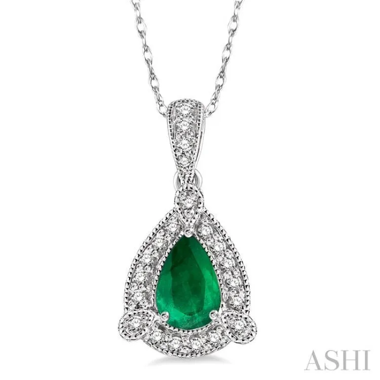 6x4 mm Pear Shape Emerald and 1/10 Ctw Round Cut Diamond Pendant in 10K White Gold with Chain