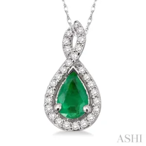 6x4 MM Pear Shape Emerald and 1/10 Ctw Round Cut Diamond Pendant in 14K White Gold with Chain