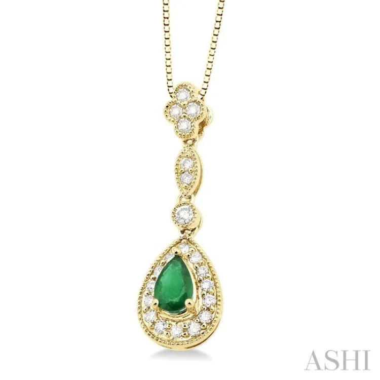 6x4 MM Pear Shape Emerald and 1/4 Ctw Round Cut Diamond Pendant in 14K Yellow Gold with Chain