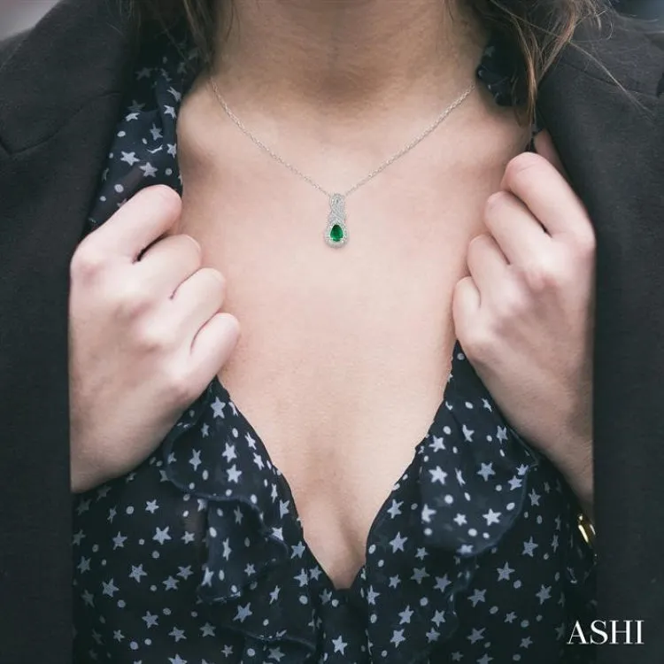 6x4 MM Pear Shape Emerald and 1/50 Ctw Round Cut Diamond Pendant in Sterling Silver with Chain