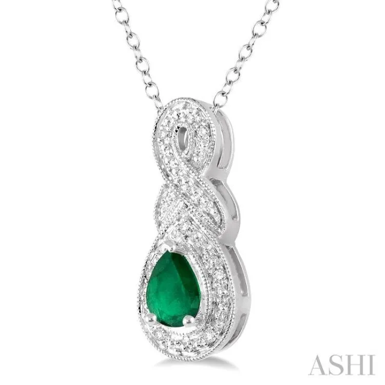 6x4 MM Pear Shape Emerald and 1/50 Ctw Round Cut Diamond Pendant in Sterling Silver with Chain