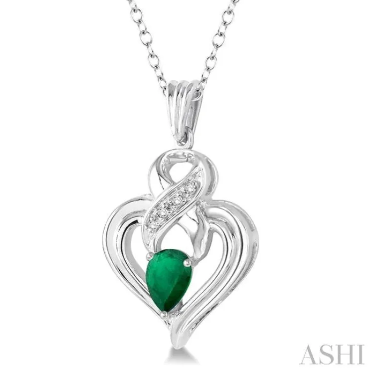 6x4 mm Pear Shape Emerald and 1/50 Ctw Single Cut Diamond Pendant in Sterling Silver with Chain