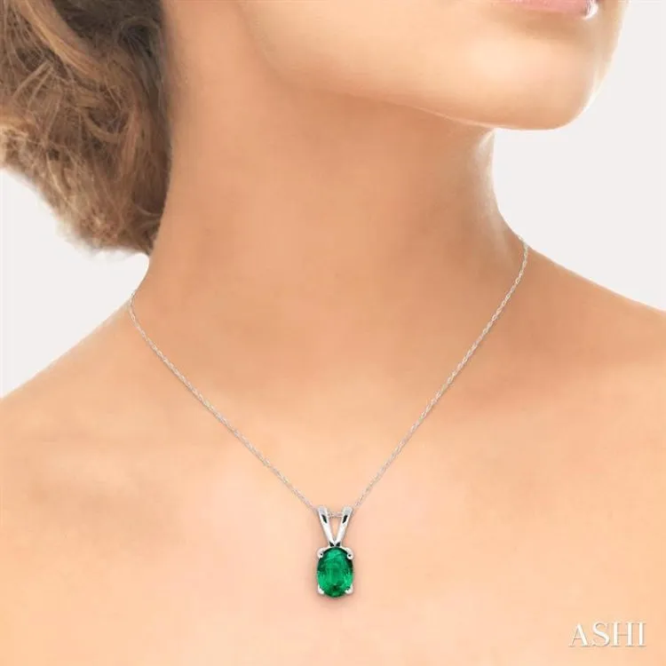 6x4MM Oval Cut Emerald Pendant in 14K White Gold with Chain