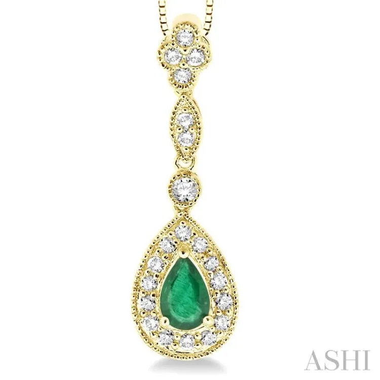 6x4MM Pear Shape Emerald and 1/4 Ctw Round Cut Diamond Pendant in 14K Yellow Gold with Chain