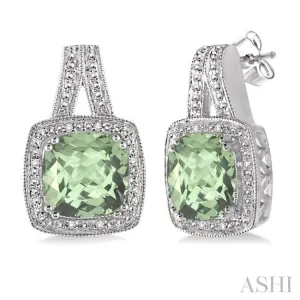 8x8 mm Cushion Cut Green Amethyst and 1/20 ctw Single Cut Diamond Earrings in Sterling Silver