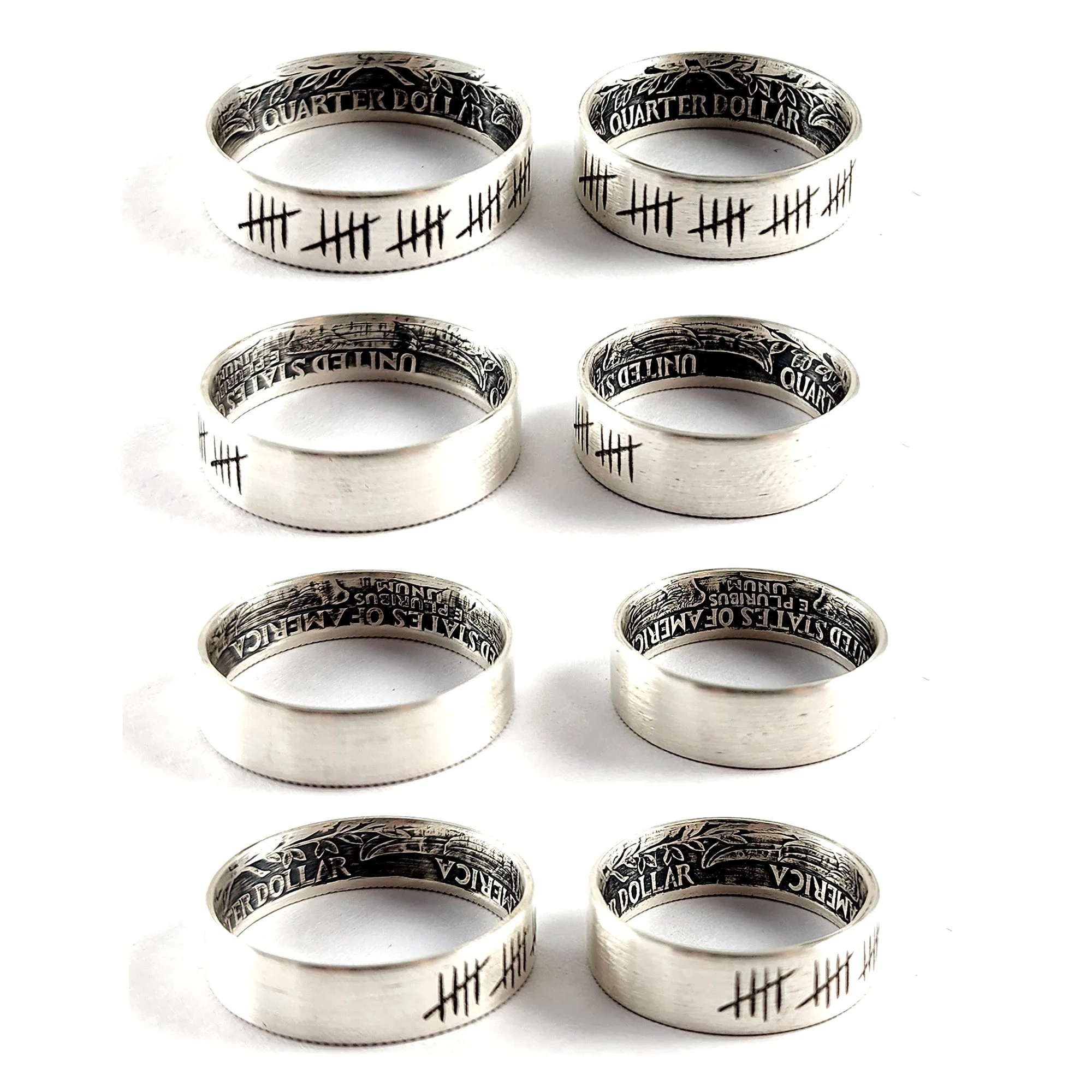 90% Silver Engraved 25 Tally Mark Quarter Ring Set - 25th Anniversary Gift