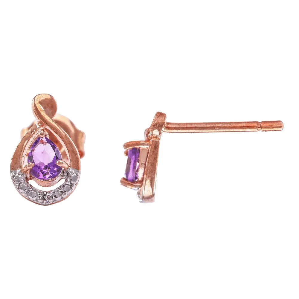 9ct Rose Gold Diamond & Amethyst Stud Earrings