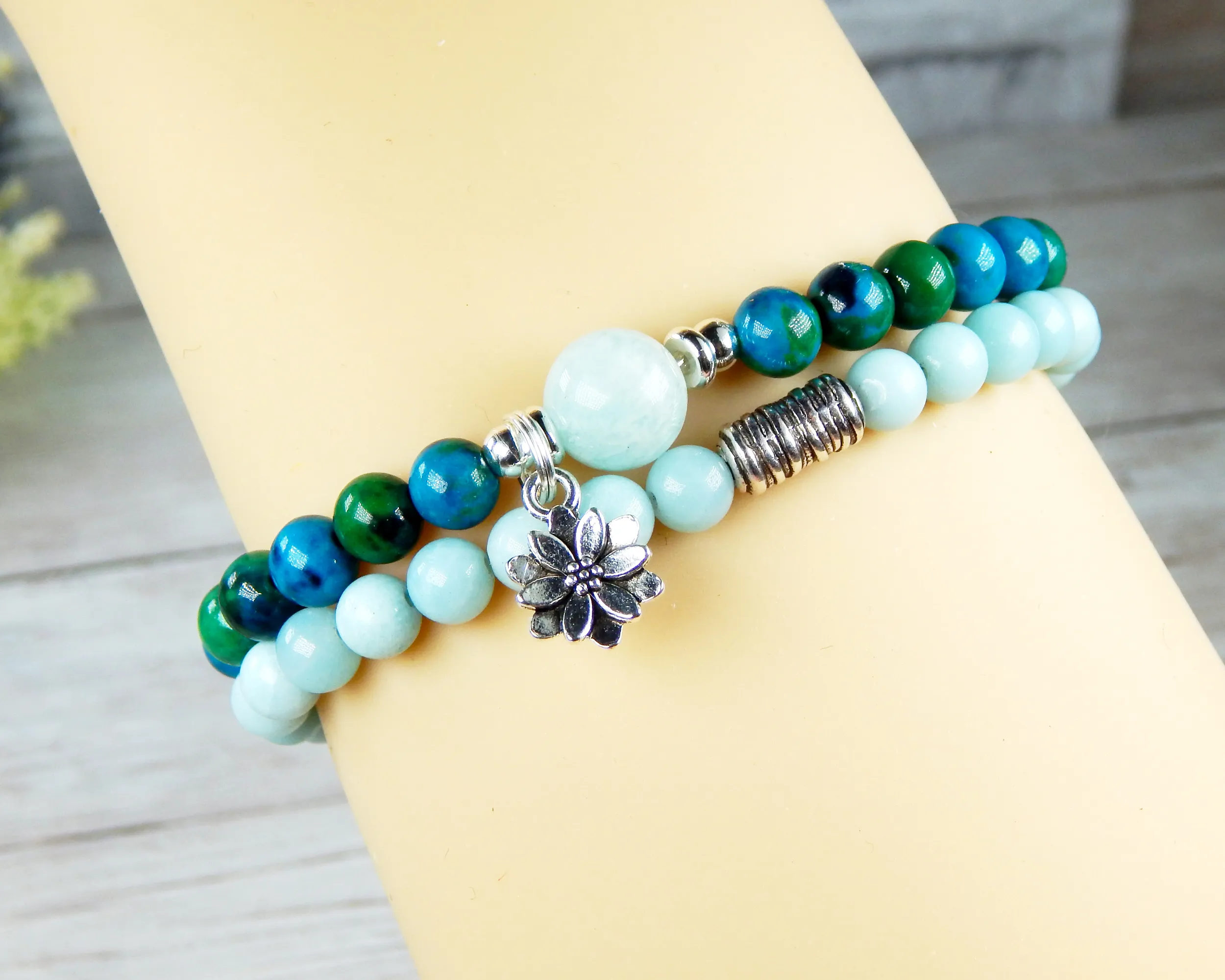 Amazonite Bracelet with Lotus Flower Charm - Set of 2 Stacking Bracelets