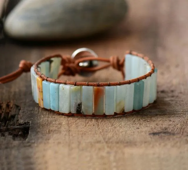 Amazonite Tubestone Leather Cuff Bracelet